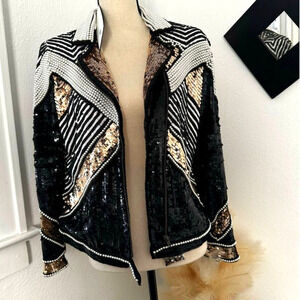 NWT SETA Womens M Black Beaded Sequin Bomber Moto Jacket Party Cocktail Glam